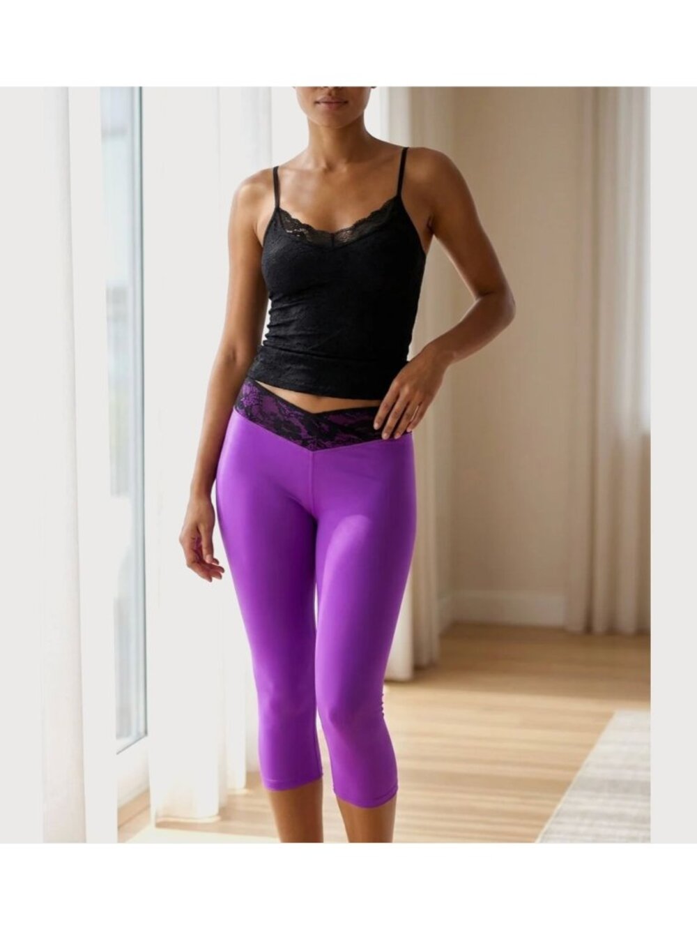 NWT Rhonda Shear 2Pc Lace Waist Capri Legging in Orchid Bloom L